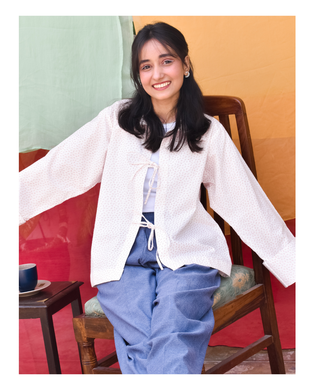 Printed Collared Bow Blouse