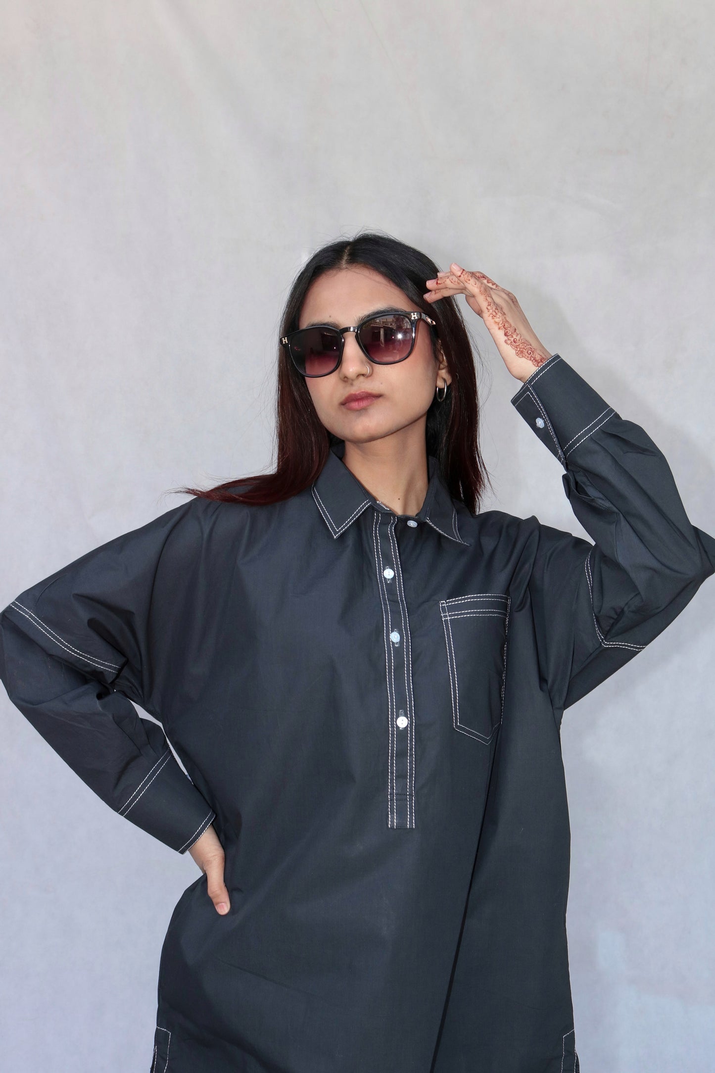 Black Lined Kurta Set