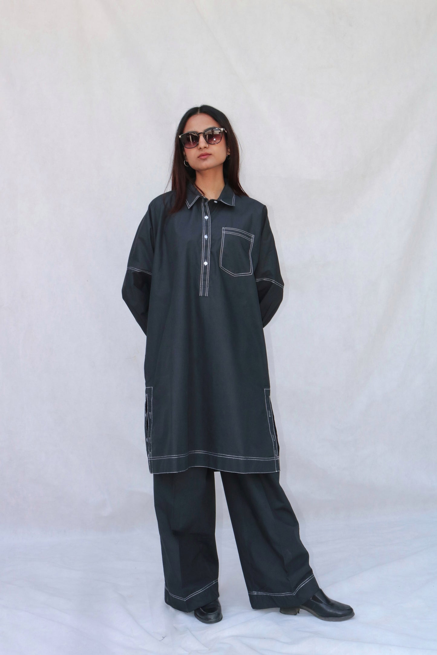 Black Lined Kurta Set