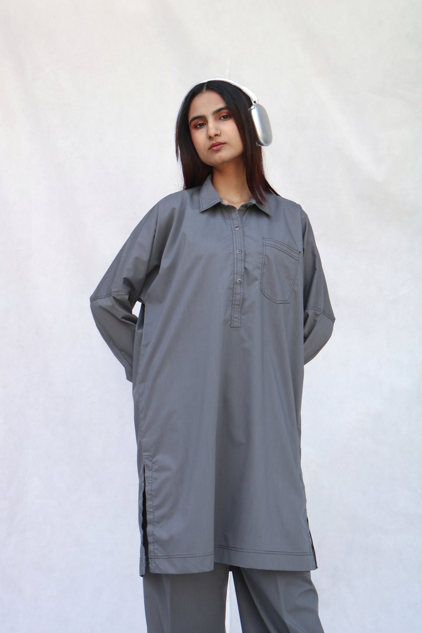 Gray Lined Kurta Set