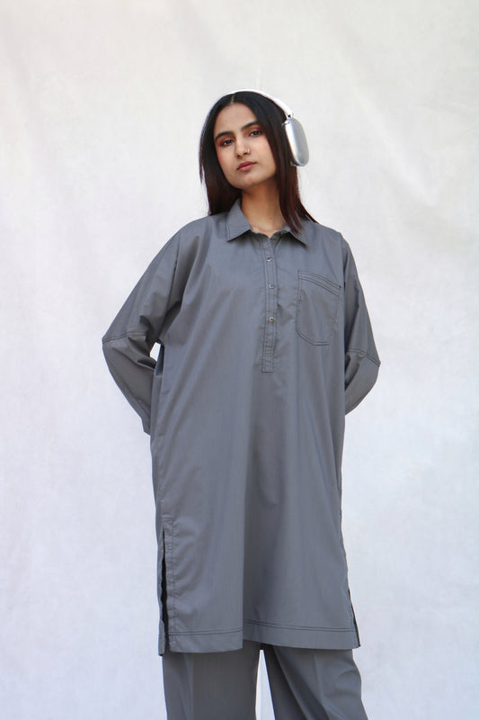 Gray Lined Kurta Set