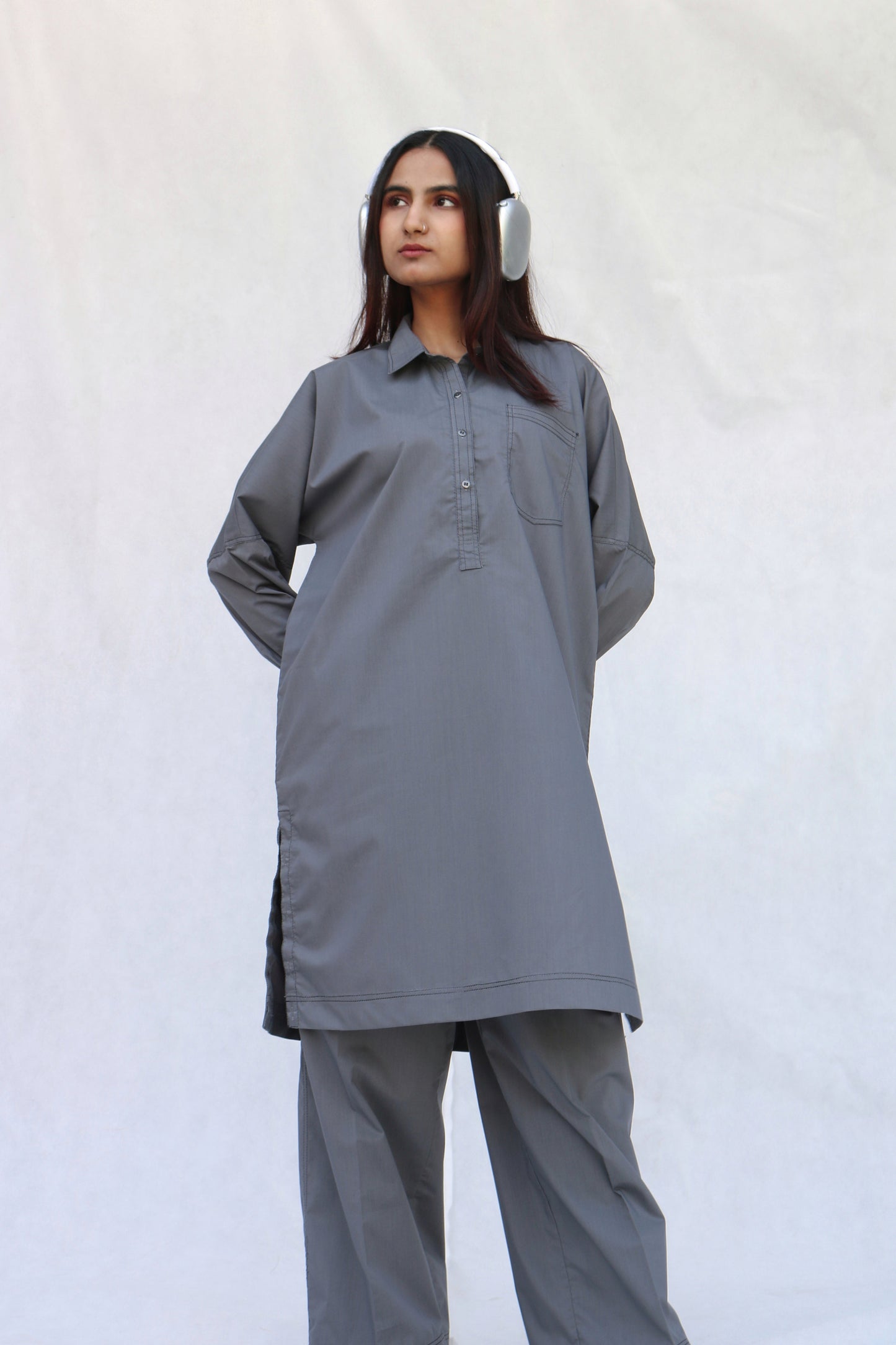 Gray Lined Kurta Set