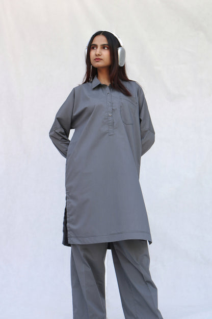 Gray Lined Kurta Set
