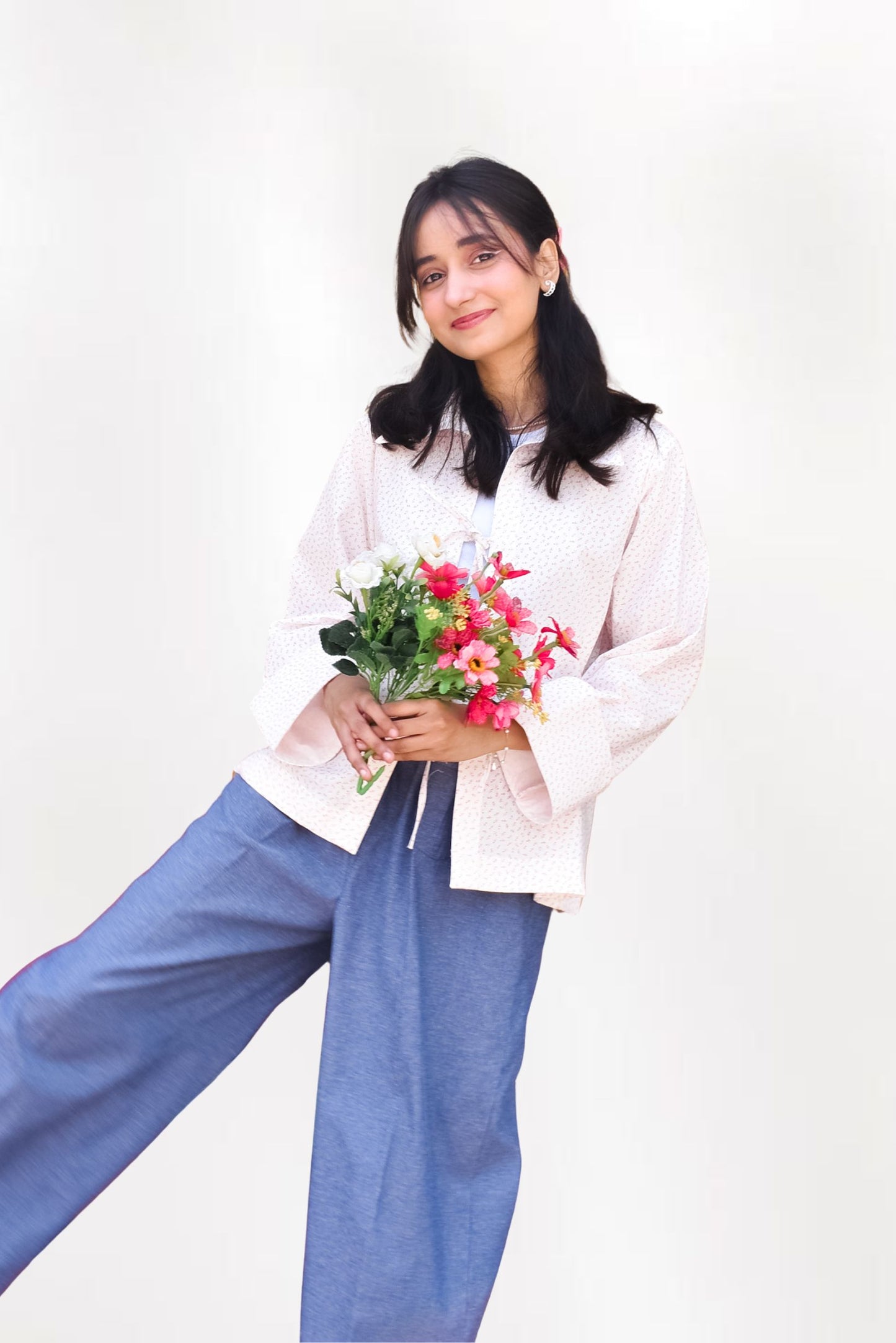 Printed Collared Bow Blouse